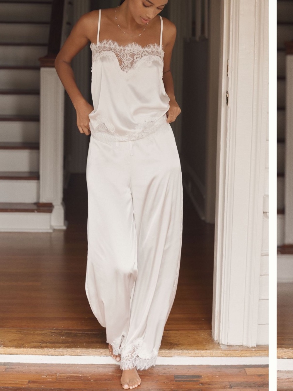 Cream Lace-Trim Wide Leg Pants